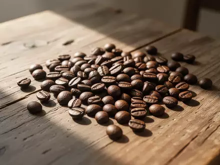 Nahaufnahme von gerösteten Kaffeebohnen auf einem hölzernen Tisch bei natürlichem Lichteinfall. - Foto: über boerse-global.de