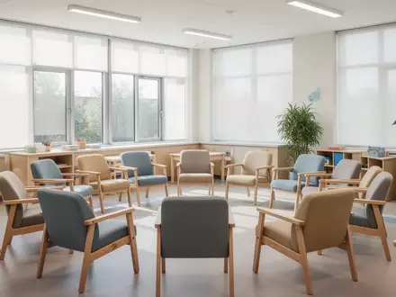 Ein heller, moderner Seminarraum in einem Gemeindezentrum mit halbkreisförmig angeordneten Stühlen und Tageslicht. - Foto: über boerse-global.de
