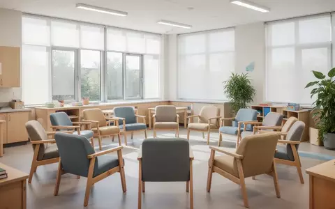 Ein heller, moderner Seminarraum in einem Gemeindezentrum mit halbkreisförmig angeordneten Stühlen und Tageslicht. - Foto: über boerse-global.de