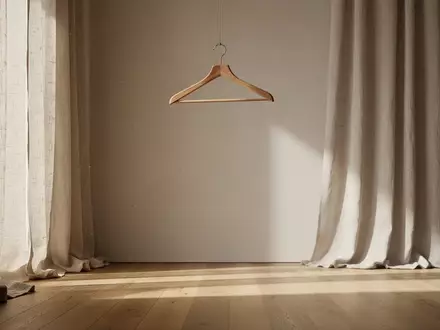 Ein minimalistisch eingerichteter Ankleideraum mit einem leeren Holzkleiderbügel und hellen Leinenvorhängen. - Foto: über boerse-global.de