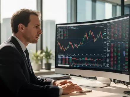 Ein Investor in einem modernen Büro betrachtet konzentriert Aktienkurse auf einem Computermonitor. - Foto: über boerse-global.de