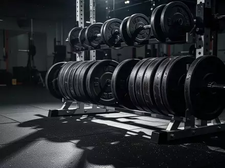 Leere Hantelscheiben in einem professionellen Fitnessstudio mit atmosphärischer Beleuchtung. - Foto: über boerse-global.de