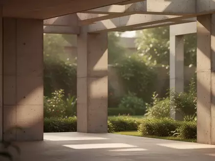 Architektonische Aufnahme einer sonnendurchfluteten, minimalistischen Fassade mit geometrischen Schatten und einem Garten. - Foto: über boerse-global.de