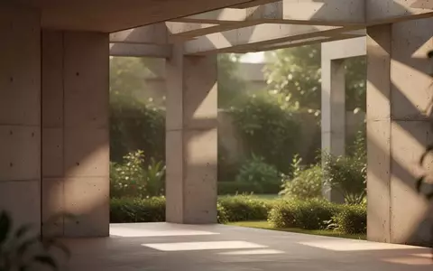 Architektonische Aufnahme einer sonnendurchfluteten, minimalistischen Fassade mit geometrischen Schatten und einem Garten. - Foto: über boerse-global.de