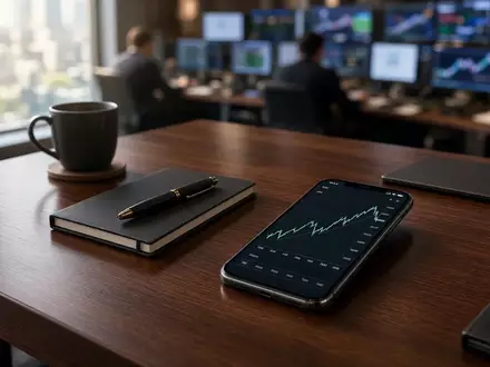 Ein moderner, minimalistischer Schreibtisch in einem Finanzbüro mit einem Smartphone, das einen Börsenchart anzeigt. - Foto: über boerse-global.de