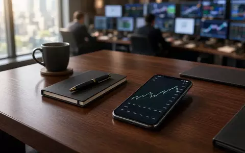 Ein moderner, minimalistischer Schreibtisch in einem Finanzbüro mit einem Smartphone, das einen Börsenchart anzeigt. - Foto: über boerse-global.de
