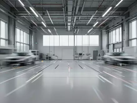 Leeres Forschungs-Labor für Fahrzeugtechnik mit neutralem Boden und weichem Tageslicht. - Foto: über boerse-global.de