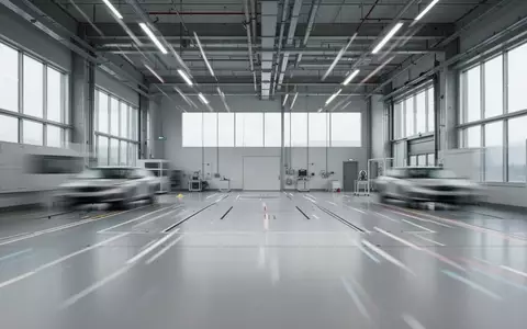 Leeres Forschungs-Labor für Fahrzeugtechnik mit neutralem Boden und weichem Tageslicht. - Foto: über boerse-global.de