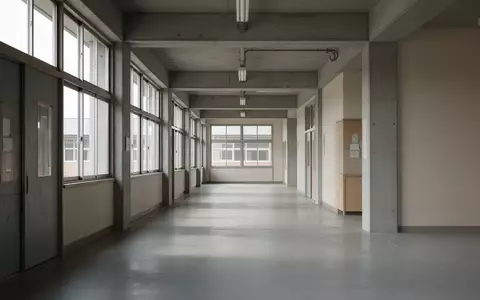 Leerer, minimalistischer Schulflur mit Sichtbeton und großen Fenstern bei natürlichem Tageslicht. - Foto: über boerse-global.de