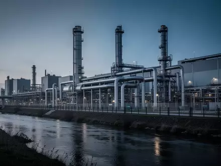 Industriegelände bei Dämmerung mit angrenzendem Flusslauf und technischen Rohrleitungen. - Foto: über boerse-global.de