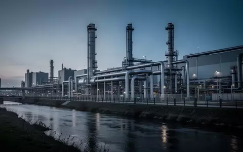 Industriegelände bei Dämmerung mit angrenzendem Flusslauf und technischen Rohrleitungen. - Foto: über boerse-global.de