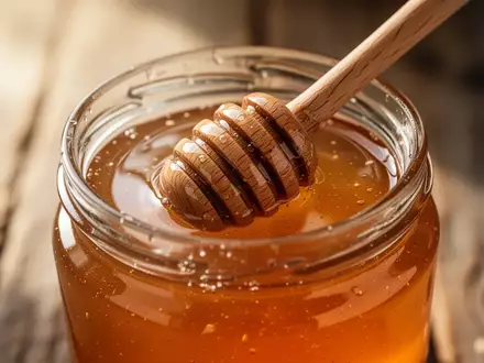 Ein hölzerner Honiglöffel in einem Glas mit goldgelbem, dickflüssigem Honig bei natürlichem Lichteinfall. - Foto: über boerse-global.de
