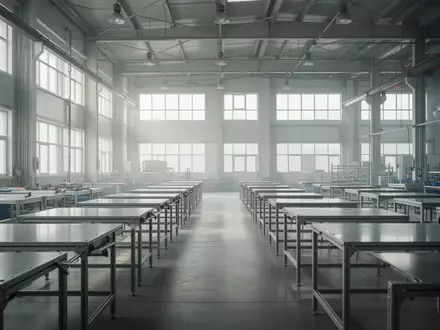 Leere, modern ausgestattete Werkshalle mit ordentlichen Arbeitsplätzen und natürlichem Lichteinfall. - Foto: über boerse-global.de