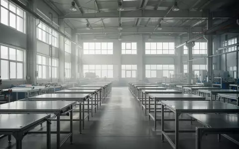 Leere, modern ausgestattete Werkshalle mit ordentlichen Arbeitsplätzen und natürlichem Lichteinfall. - Foto: über boerse-global.de