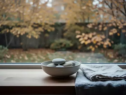 Ein minimalistischer, ruhiger Raum mit Blick auf herbstliche Gartenlandschaft, der Ruhe und Erholung symbolisiert. - Foto: über boerse-global.de