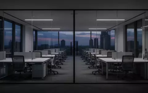 Ein leeres, modernes Großraumbüro in der Dämmerung mit aufgeräumten Schreibtischen und einer ruhigen, professionellen Atmosphäre. - Foto: über boerse-global.de
