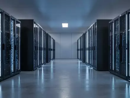 Modernes Rechenzentrum mit leuchtenden Server-Racks in einer minimalistischen, aufgeräumten Umgebung. - Foto: über boerse-global.de