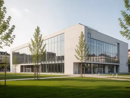 Moderne Vierfachsporthalle mit Glasfassade und umgebenden Grünflächen bei Tageslicht. - Foto: über boerse-global.de