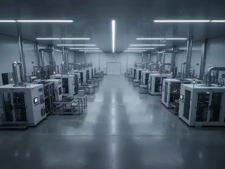 Eine moderne, sterile Halbleiter-Fertigungsanlage mit industriellen Maschinen in einer weitläufigen, hell beleuchteten Halle. - Foto: über boerse-global.de