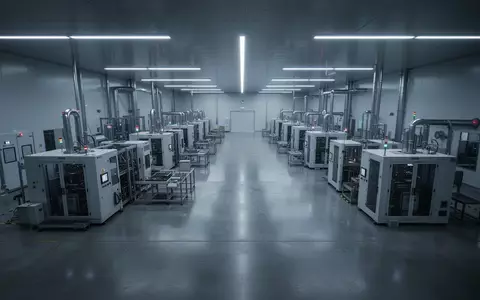Eine moderne, sterile Halbleiter-Fertigungsanlage mit industriellen Maschinen in einer weitläufigen, hell beleuchteten Halle. - Foto: über boerse-global.de