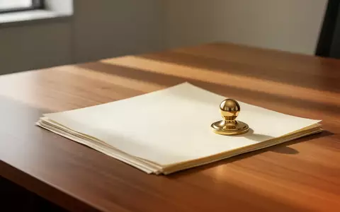Ein leerer, aufgeräumter Schreibtisch mit einem Briefbeschwerer auf einem Stapel Papier in einem hellen Büro. - Foto: über boerse-global.de