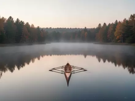 Ein einsames Ruderboot auf einem ruhigen, nebligen See in der Morgendämmerung, umgeben von einem herbstlichen Wald. - Foto: über boerse-global.de