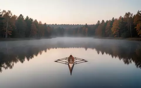 Ein einsames Ruderboot auf einem ruhigen, nebligen See in der Morgendämmerung, umgeben von einem herbstlichen Wald. - Foto: über boerse-global.de