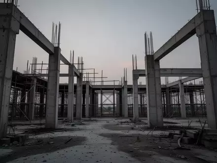 Eine unfertige Betonbaustelle mit Stützpfeilern und Gerüsten unter einem grauen Himmel als Symbol für ineffiziente Bauprojekte. - Foto: über boerse-global.de