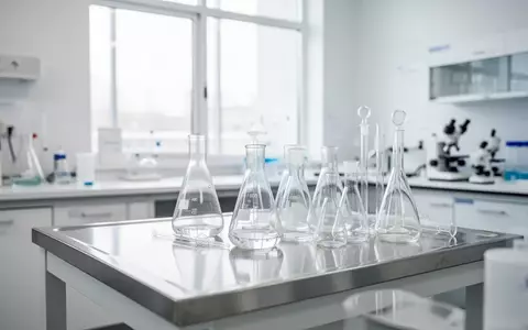 Ein modernes, helles klinisches Labor mit wissenschaftlichen Glasgeräten auf einer Edelstahlarbeitsfläche. - Foto: über boerse-global.de