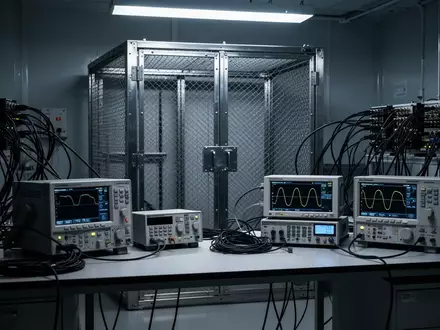Ein steriles Labor mit einem Faraday-Käfig und präzisen elektronischen Diagnosegeräten auf einem Arbeitstisch. - Foto: über boerse-global.de