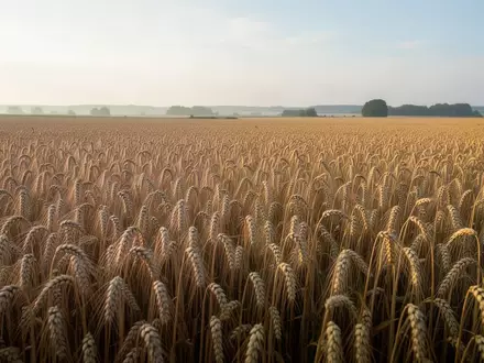 Weites, goldenes Getreidefeld unter einem klaren Morgenhimmel in einer landwirtschaftlichen Umgebung. - Foto: über boerse-global.de