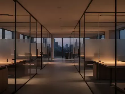 Ein modernes, minimalistisches Büro bei Dämmerung mit leeren Schreibtischen und Glaswänden, das eine professionelle Arbeitsatmosphäre ausstrahlt. - Foto: über boerse-global.de