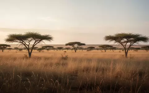 Weite, natürliche Savannenlandschaft bei Sonnenuntergang mit trockenem Gras und Akazienbäumen. - Foto: über boerse-global.de