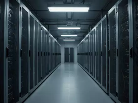 Ein steriler, dunkel beleuchteter Serverraum mit langen Reihen metallischer Racks, die eine komplexe digitale Infrastruktur andeuten. - Foto: über boerse-global.de