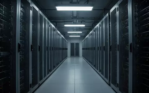 Ein steriler, dunkel beleuchteter Serverraum mit langen Reihen metallischer Racks, die eine komplexe digitale Infrastruktur andeuten. - Foto: über boerse-global.de