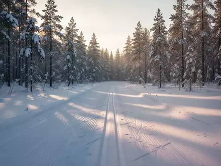 Frisch gespurte Langlaufloipe in einem verschneiten Nadelwald in der Morgendämmerung. - Foto: über boerse-global.de