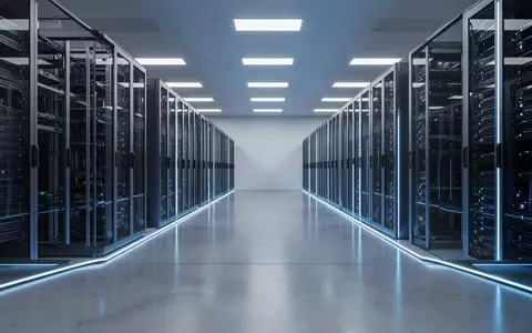 Ein minimalistischer, moderner Serverraum mit blauer Beleuchtung und reflektierenden Bodenflächen, ohne sichtbare Hardware oder Personen. - Foto: über boerse-global.de