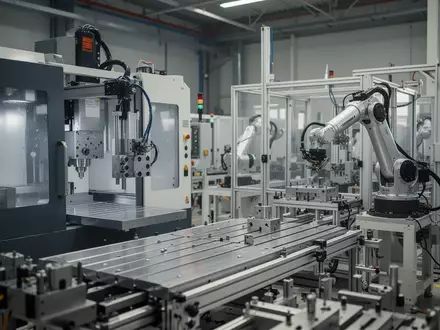 Eine moderne industrielle Fertigungshalle mit Präzisionsmaschinen und metallischen Bauteilen in einer sauberen Arbeitsumgebung. - Foto: über boerse-global.de