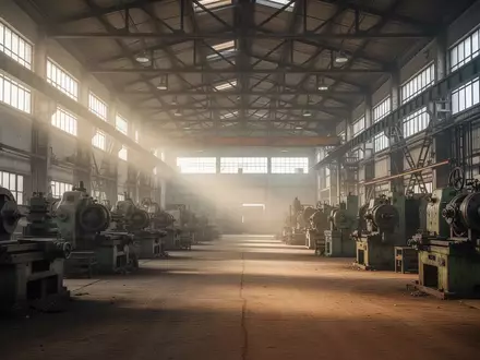 Eine weitläufige, menschenleere Industriehalle mit schweren Maschinen und einfallendem Tageslicht. - Foto: über boerse-global.de