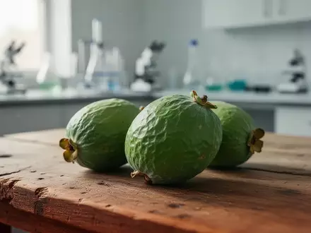 Auf einem hölzernen Labortisch liegen Feijoa-Früchte in einer hellen, klinischen Umgebung. - Foto: über boerse-global.de