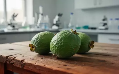 Auf einem hölzernen Labortisch liegen Feijoa-Früchte in einer hellen, klinischen Umgebung. - Foto: über boerse-global.de