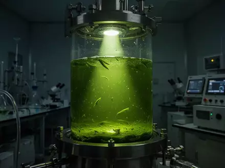 Ein Labor-Bioreaktor mit einer leuchtend grünen Mikroalgenkultur, die unter intensivem Lichtstrahl kultiviert wird. - Foto: über boerse-global.de