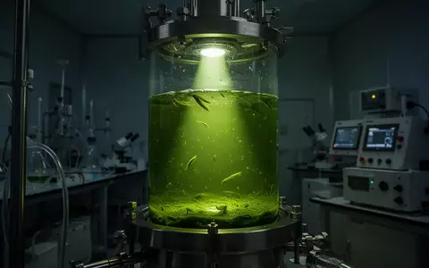 Ein Labor-Bioreaktor mit einer leuchtend grünen Mikroalgenkultur, die unter intensivem Lichtstrahl kultiviert wird. - Foto: über boerse-global.de