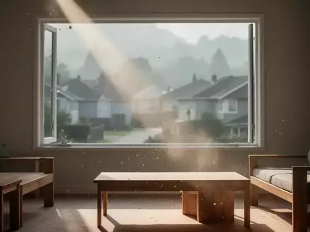 Ein lichtdurchfluteter, minimalistischer Wohnraum mit einem offenen Fenster, durch das Sonnenlicht und feiner Staub in den Raum fallen. - Foto: über boerse-global.de