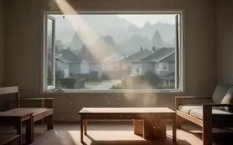 Ein lichtdurchfluteter, minimalistischer Wohnraum mit einem offenen Fenster, durch das Sonnenlicht und feiner Staub in den Raum fallen. - Foto: über boerse-global.de
