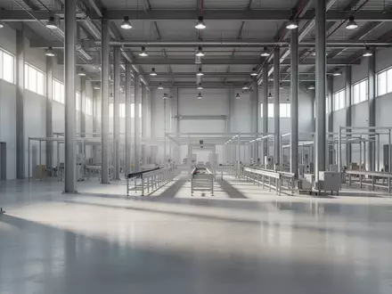 Eine weitläufige, leere Industriehalle in einer modernen Produktionsstätte mit poliertem Betonboden und Stahlträgern. - Foto: über boerse-global.de