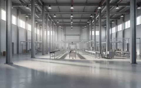 Eine weitläufige, leere Industriehalle in einer modernen Produktionsstätte mit poliertem Betonboden und Stahlträgern. - Foto: über boerse-global.de