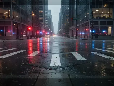 Eine nächtliche, regennasse Straßenkreuzung in der Stadt mit Reflexionen von Blaulicht, ohne Fahrzeuge. - Foto: über boerse-global.de