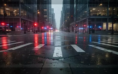 Eine nächtliche, regennasse Straßenkreuzung in der Stadt mit Reflexionen von Blaulicht, ohne Fahrzeuge. - Foto: über boerse-global.de