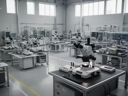 Moderne Produktionshalle für optische Hochtechnologie mit aufgeräumten Arbeitsplätzen in einer Industrieanlage. - Foto: über boerse-global.de